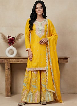 Yellow Chinon Silk Embroidered Sequins Palazzo Suit