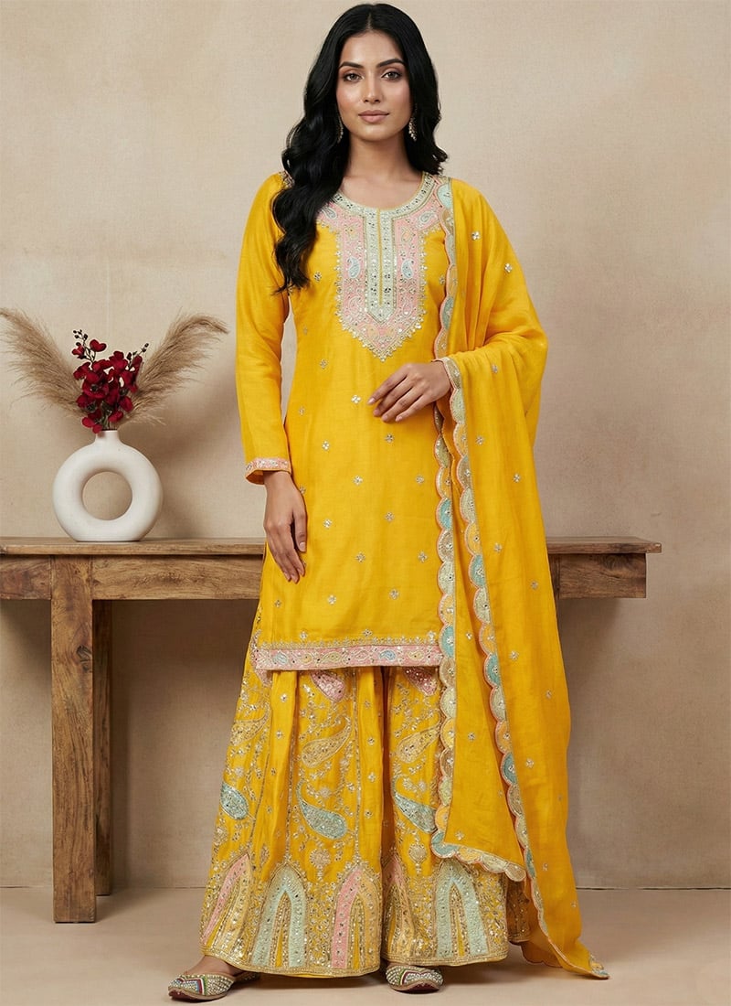 Yellow Chinon Silk Embroidered Sequins Palazzo Suit Festive Wear
