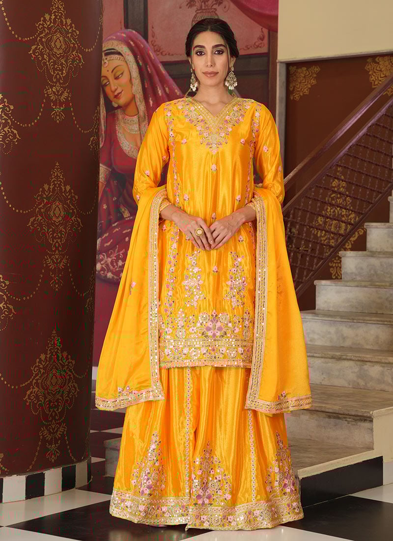 Yellow Chinon Silk Embroidered Sequins Palazzo Suit Festive Wear