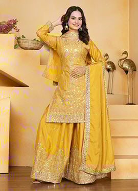 Yellow Chinon Silk Embroidered Sequins Palazzo Suit