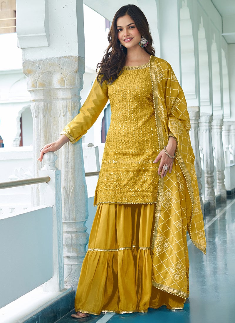 Yellow Chinon Silk Embroidered Sequins Sharara Suit Festive Wear