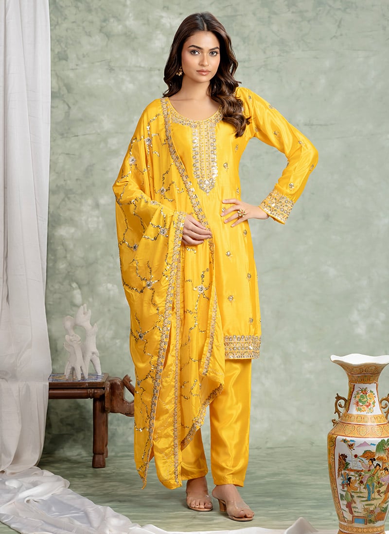 Yellow Chinon Silk Embroidered Sequins Straight Pant Suit