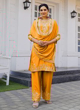 Yellow Chinon Silk Embroidered Sequins Straight Pant Suit