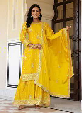 Yellow Chinon Silk Embroidered Sequins Zari Sharara Suit