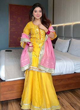Yellow Chinon Silk Embroidered Sharara Suit