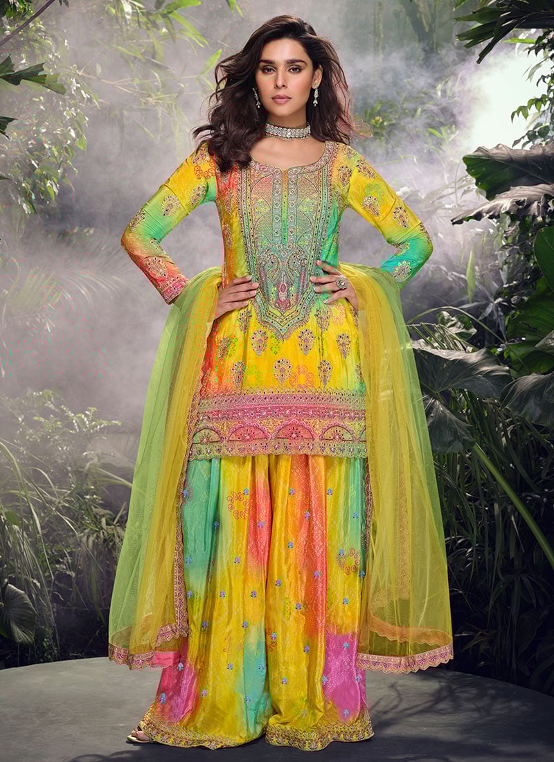 Yellow Chinon Silk Embroidered Stone And Beads Sequins Classy Palazzo Suit Festive Wear