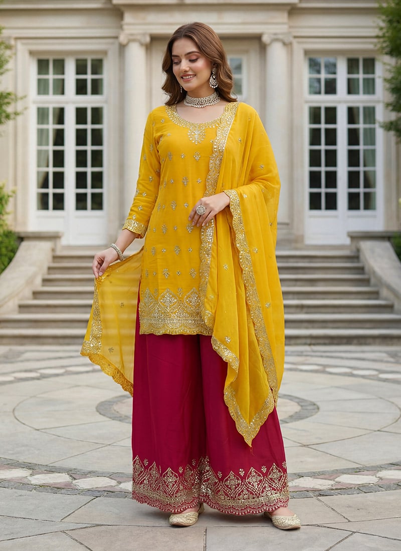 Yellow Chinon Silk Embroidered Stones Palazzo Suit Festive Wear