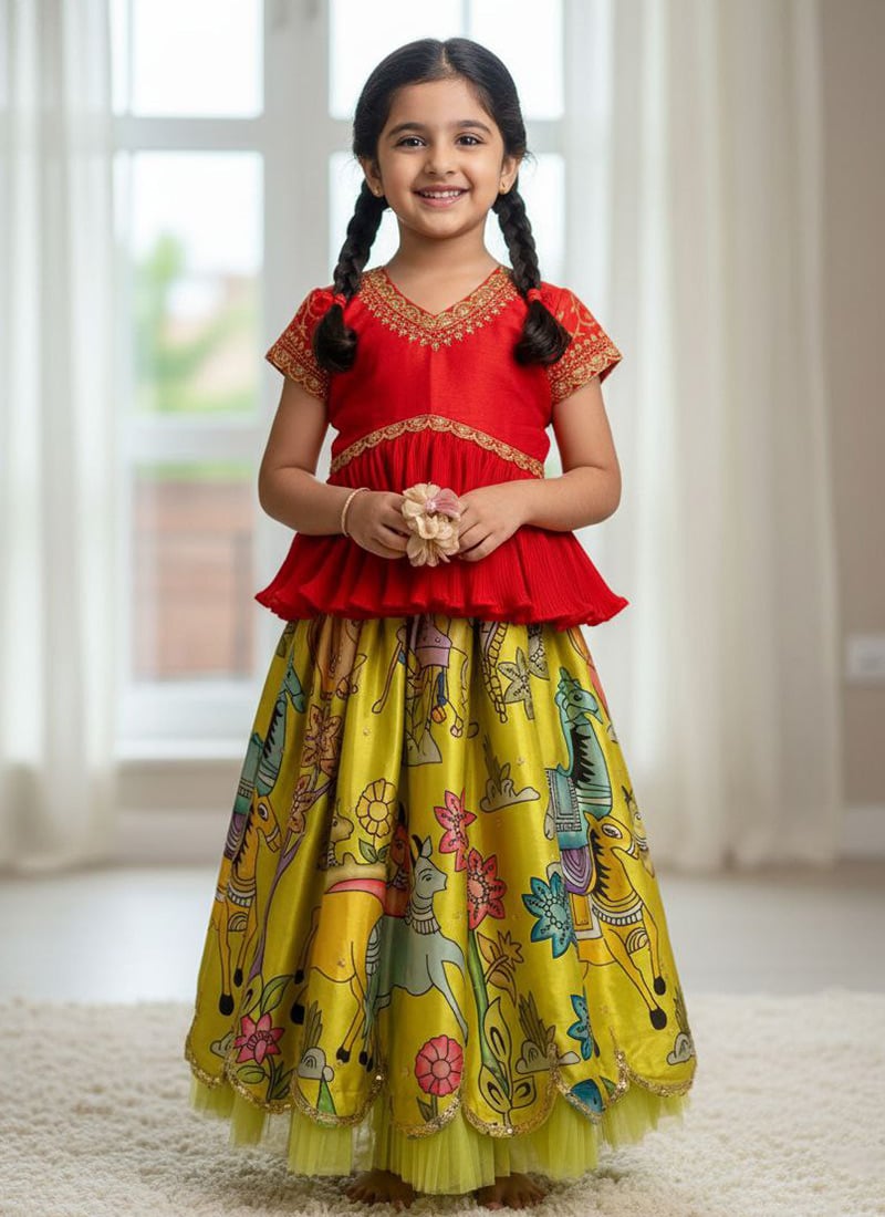 Yellow Chinon Silk Embroidery Digital Print Lehenga For Kids Girls  Festive Wear