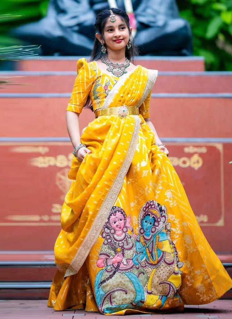 Yellow Chinon Silk Embroidery Digital Print Lehenga For Kids Girls  Festive Wear