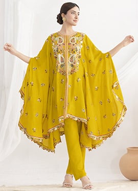 Yellow Chinon Silk Floral Embroidered Sequin Work Indowestern Kaftan Set