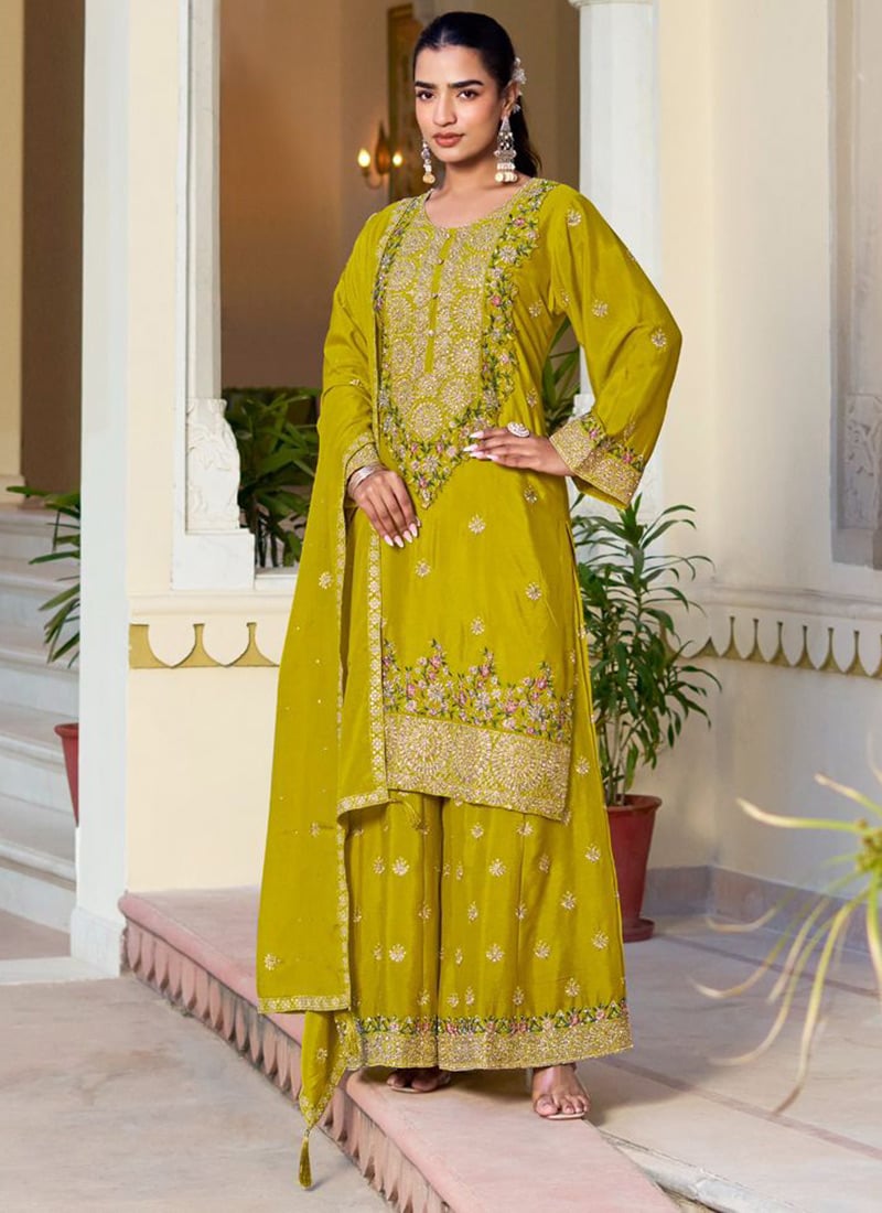 Yellow Chinon Silk Hand Embroidered Sequins Pakistani Palazzo Suit Festive Wear