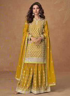 Yellow Chinon Silk Sequins Embroidered Palazzo Suit