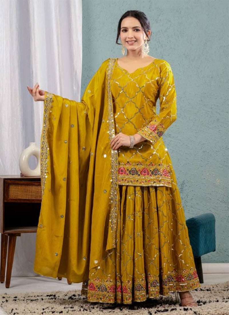 Yellow Chinon Silk Sequins Embroidered Palazzo Suit Festive Wear