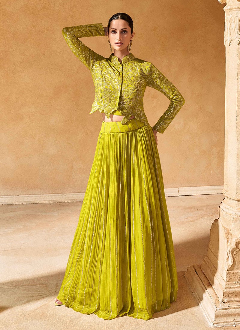 Yellow Chinon Silk Sequins Gorgeous Indowestern Jacket Lehenga Set