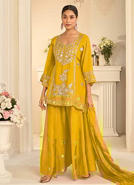 Yellow Chinon Silk Zari Embroidered Mirror Work Palazzo Suit