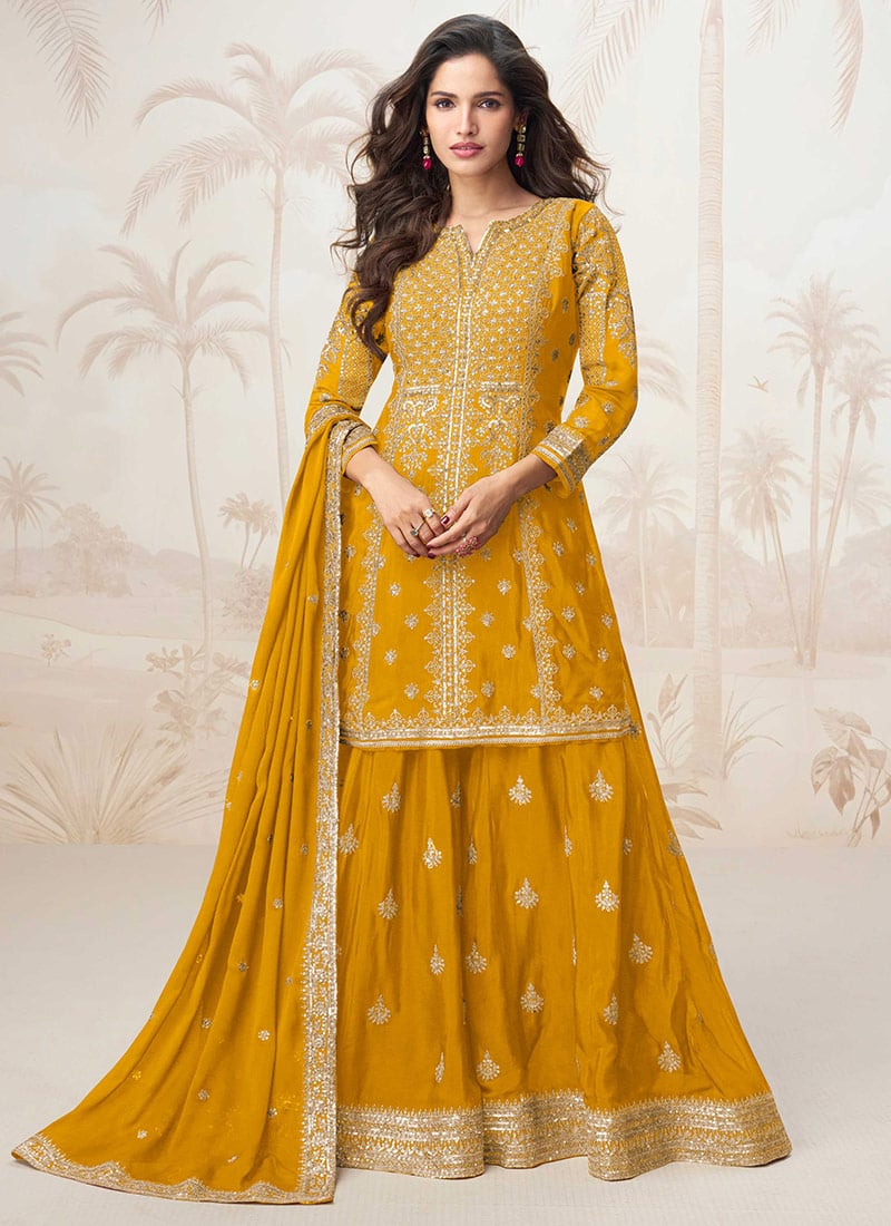 Yellow Chinon Silk Zari Embroidered Palazzo Suit