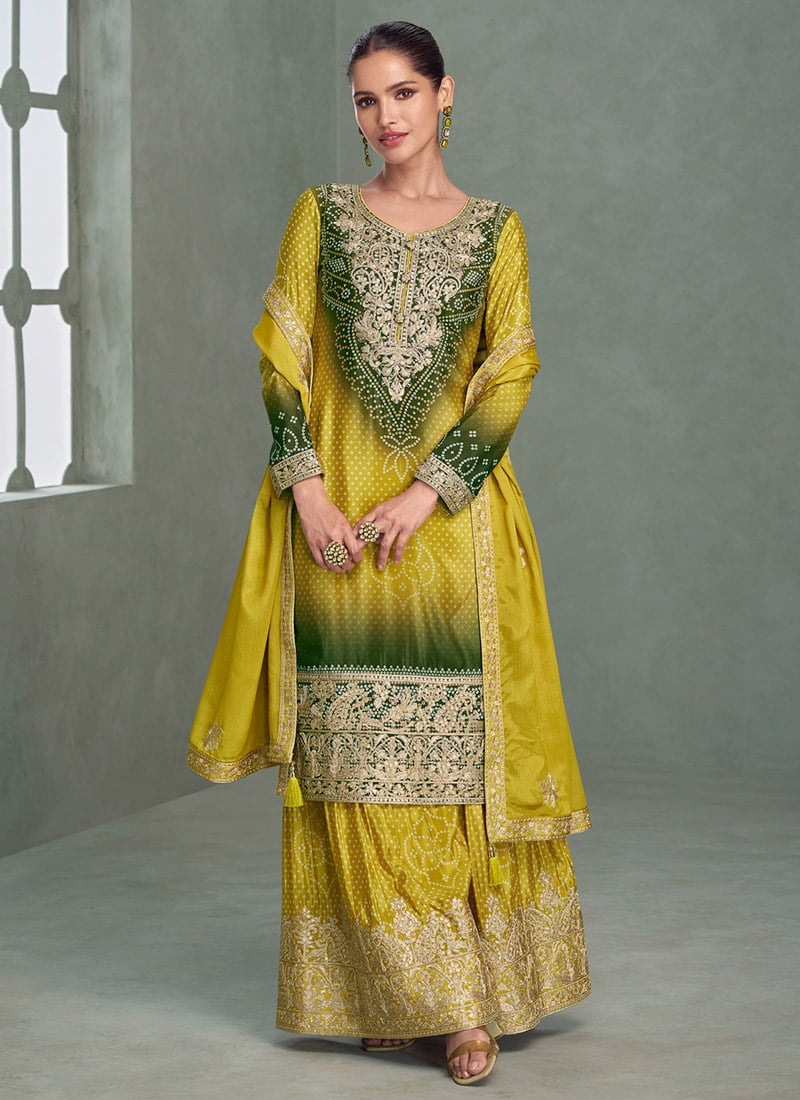 Yellow Chinon Silk Zari Embroidered Sequins Bandhini Print Palazzo Suit Festive Wear