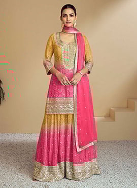 Yellow Chinon Silk Zari Embroidered Sequins Bandhini Print Palazzo Suit