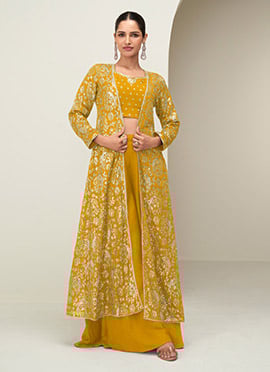 Yellow Chinon Silk Zari Embroidered Sequins Indowestern Jacket Palazzo Set