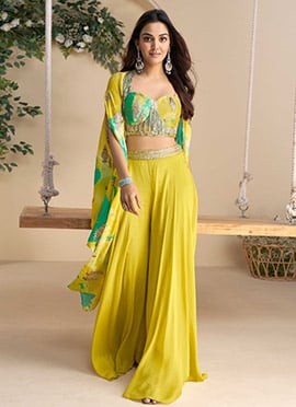 Yellow Chinon Silk Zari Embroidered Sequins With Beads Work Indowestern Jacket Palazzo Set