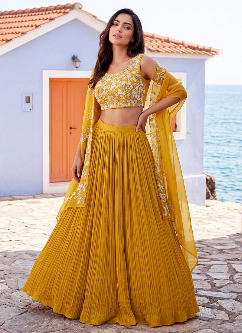 Yellow Chinon Silk Zari Embroidered With Beads Work Jacket Skirt Set Wedding Wear