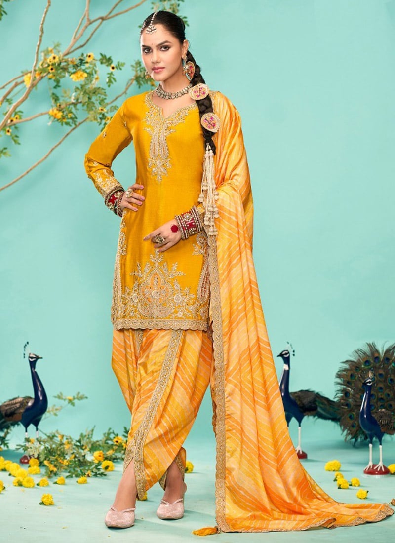 Yellow Chinon Zari Embroidered Sequins Dhoti Salwar Suit Festive Wear