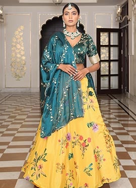 Yellow Chinon Zari Embroidered Sequins Digital Print Lehenga