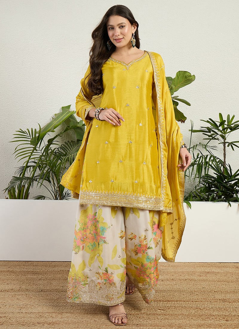 Yellow Chinon Zari Embroidered Sequins Digital Print Palazzo Suit Festive Wear