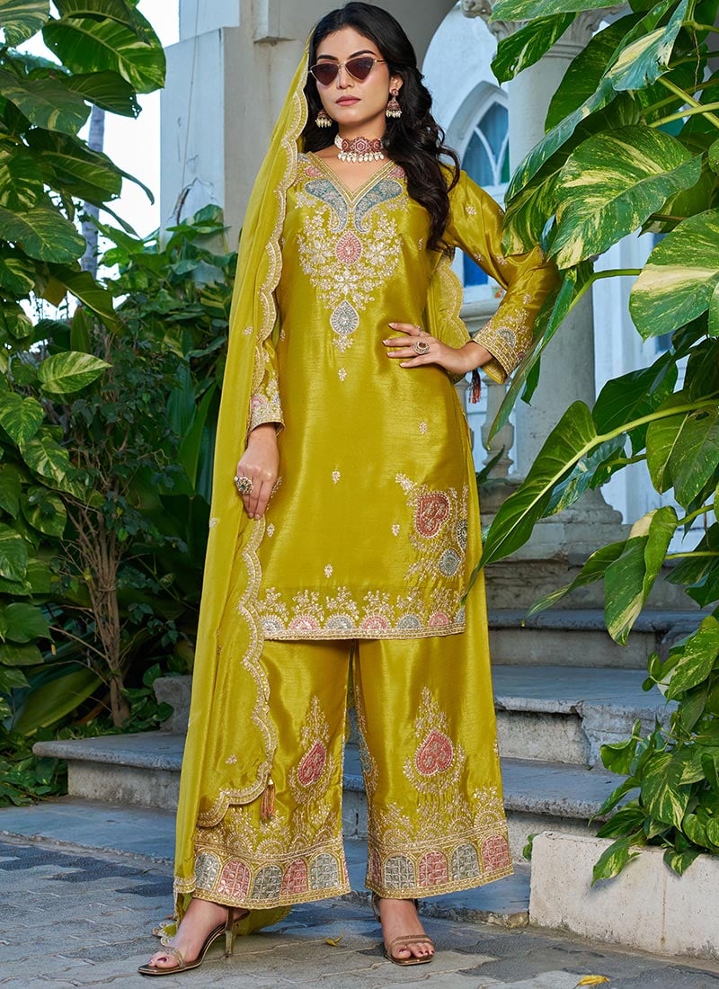Yellow Chinon Zari Embroidered Sequins Palazzo Suit Festive Wear