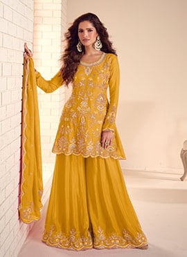 Yellow Chinon Zari Embroidered With Beads Work Sharara Suit