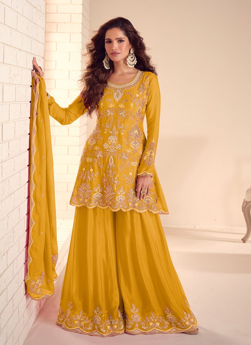 Yellow Chinon Zari Embroidered With Beads Work Sharara Suit Festive Wear