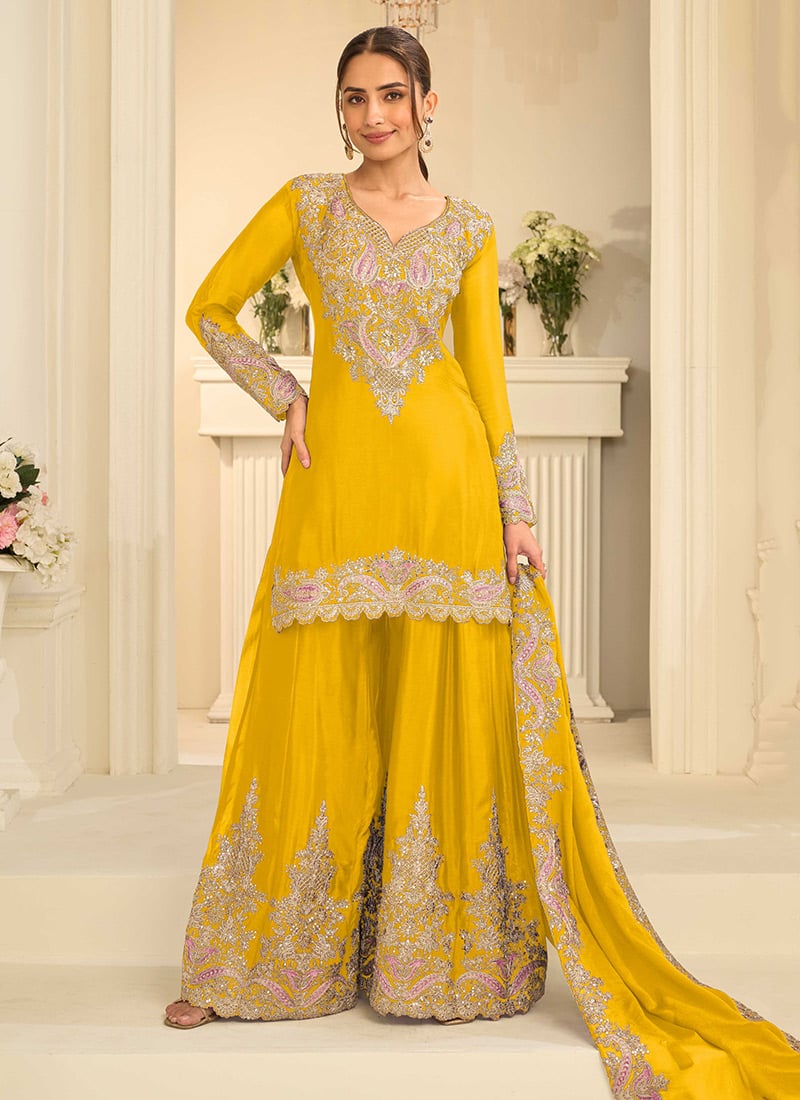 Yellow Chinon Zari Sequins Palazzo Suit Festive Wear