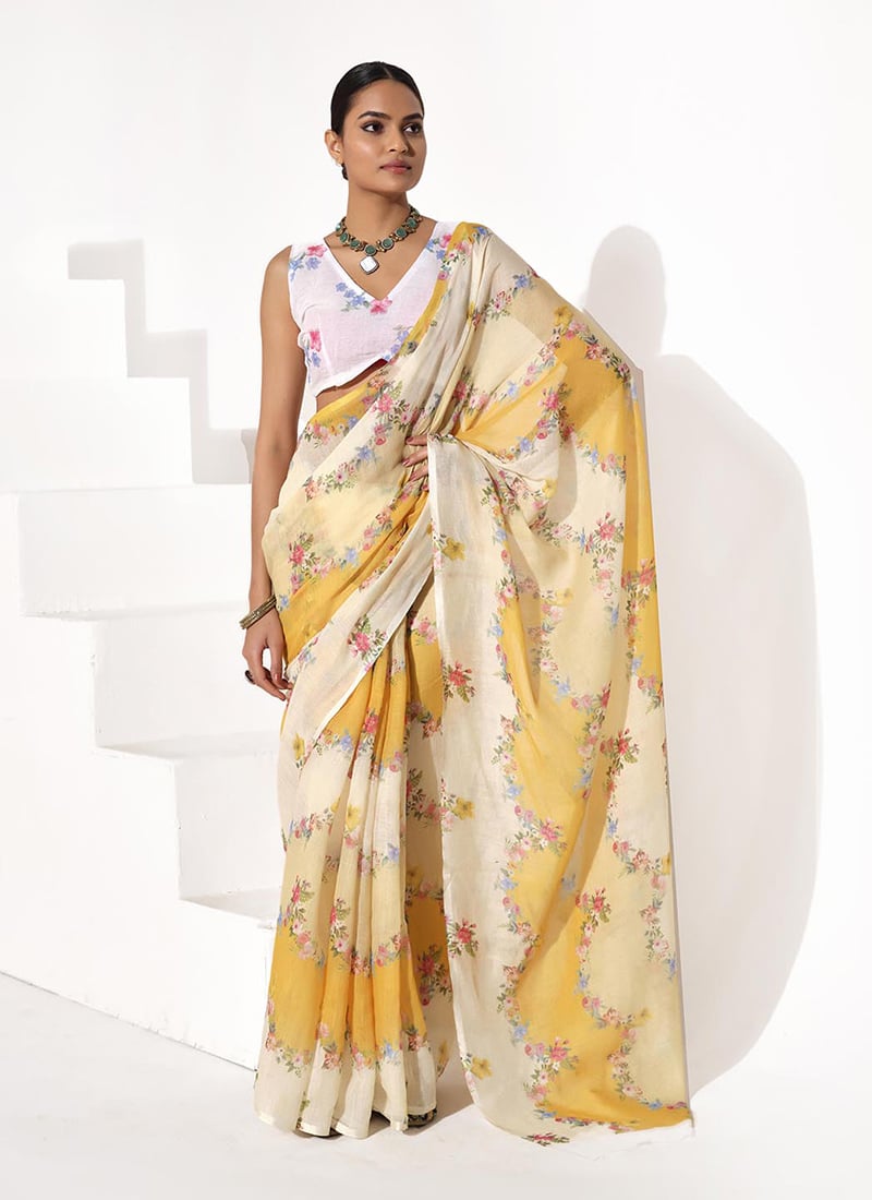 Yellow Cotton Blend Digital Print Saree