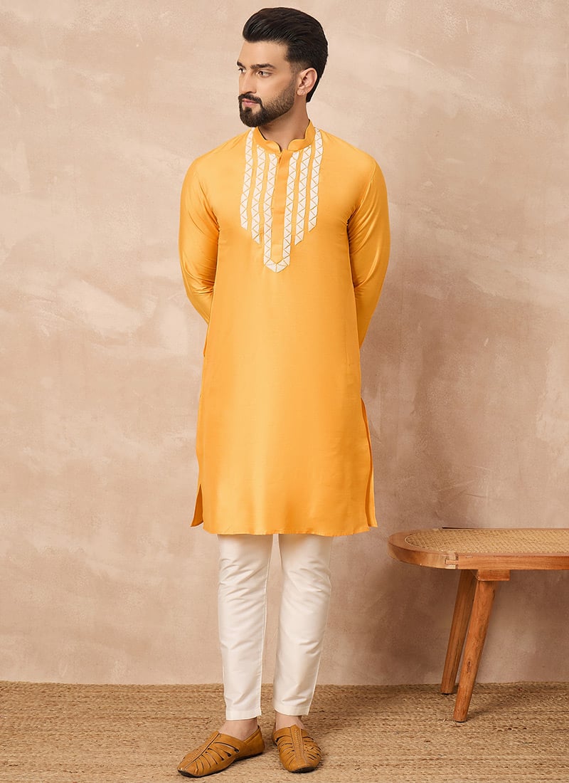 Yellow Cotton Blend Embellished Kurta Pyjama Festive Wear