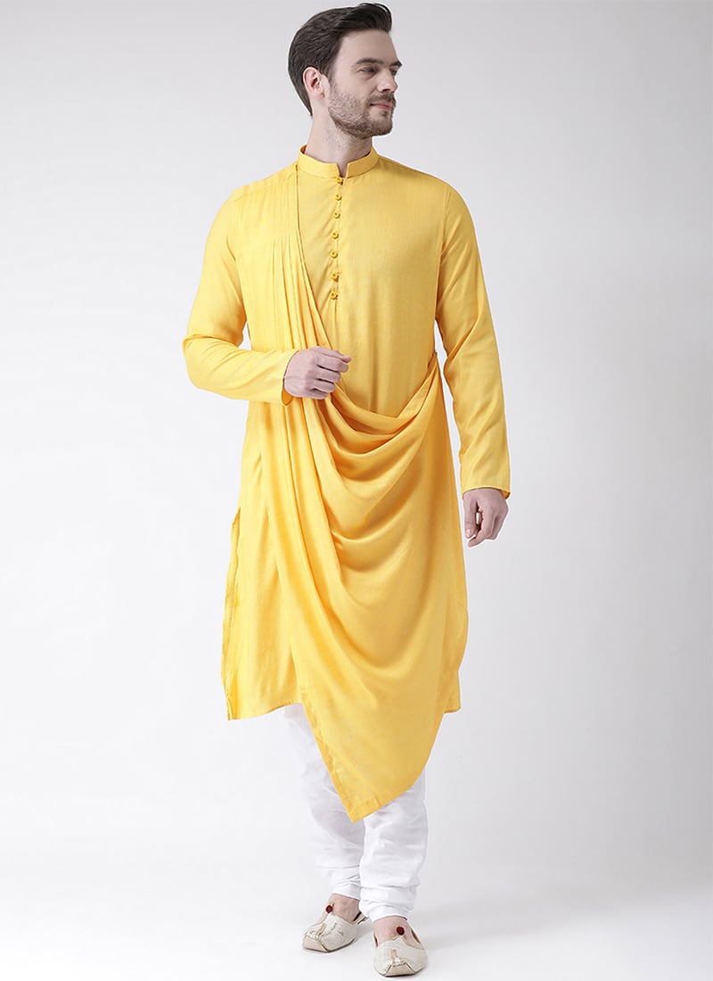 Yellow Cotton Blend Kurta Pyjama Party Wear