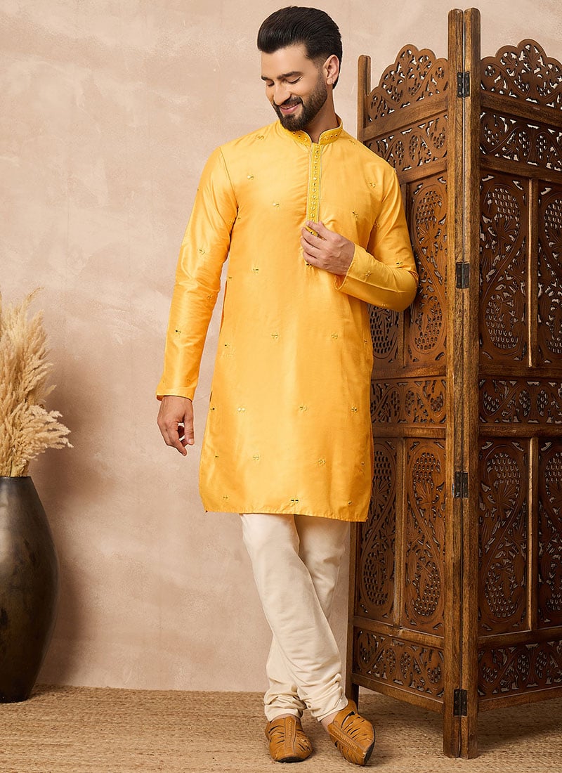 Yellow Cotton Blend Mirror Work Kurta Pyjama Festive Wear