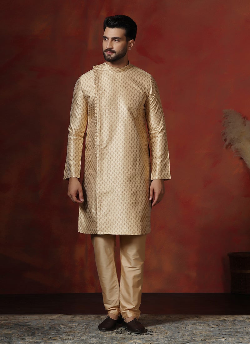 Yellow Cotton Blend Printed Kurta Pyjama Festive Wear