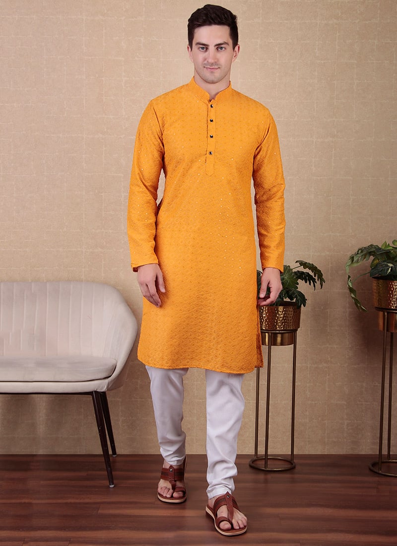 Yellow Cotton Chikankari Sequins Kurta Pyjama Festive Wear