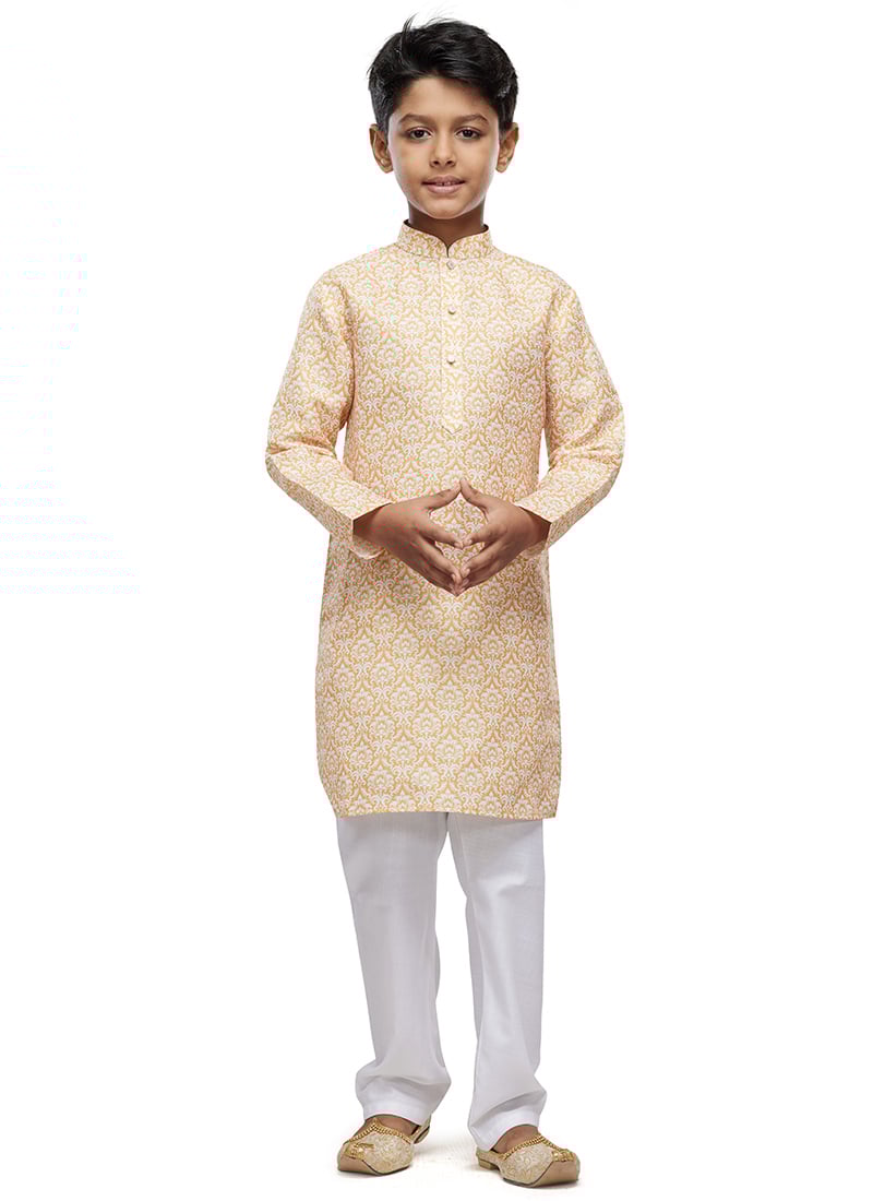 Yellow Cotton Digital Print Classic Kids Kurta Pyjama For Young Boys
