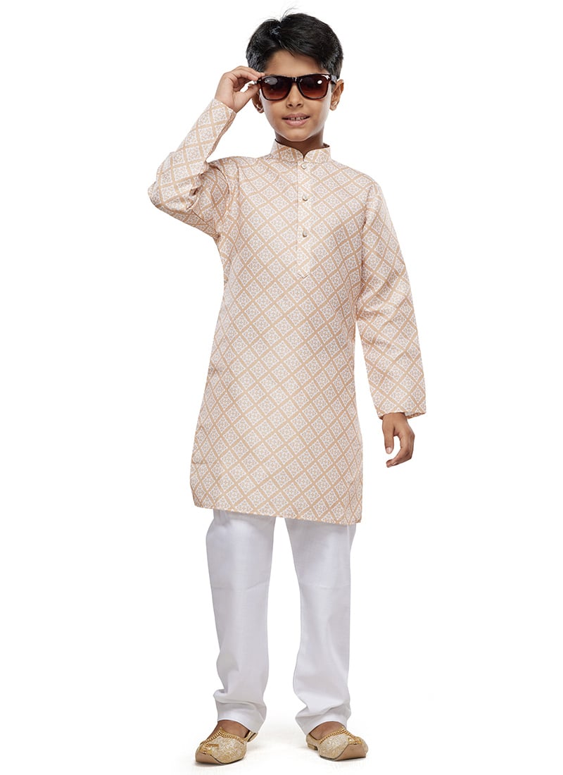 Yellow Cotton Digital Print Classic Kids Kurta Pyjama For Young Boys Festive Wear