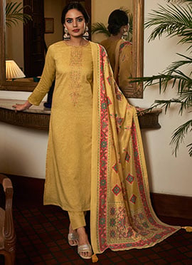 Yellow Cotton Digital Print Embroidered Straight Pant Suit