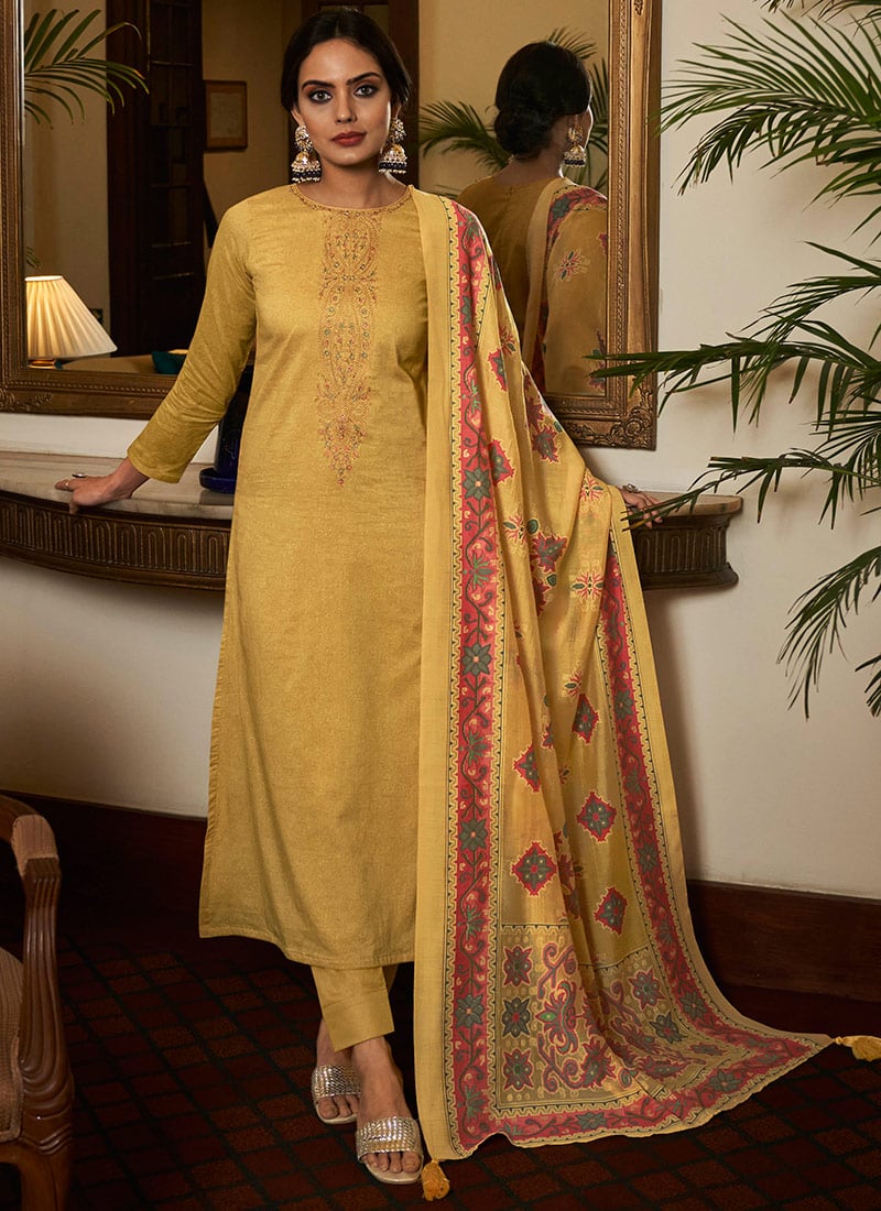 Yellow Cotton Digital Print Embroidered Straight Pant Suit After Six Wear