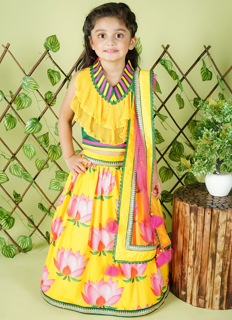 Yellow Cotton Digital Print Kids Girls A Line Lehenga