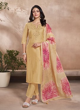 Yellow Cotton Embroidered Digital Print Straight Pant Suit