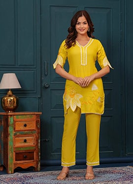 Yellow Cotton Embroidered Indowestern Co ord Set