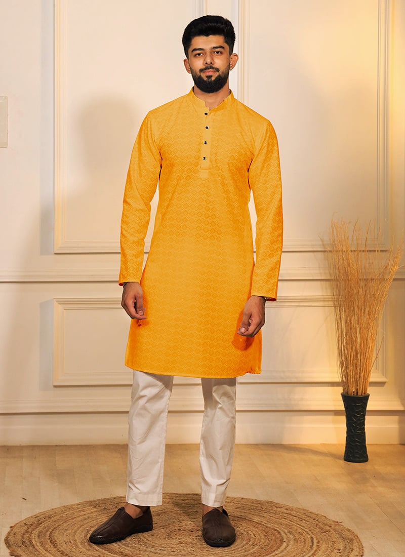 Yellow Cotton Embroidered Kurta Pyjama For Men Festive Wear