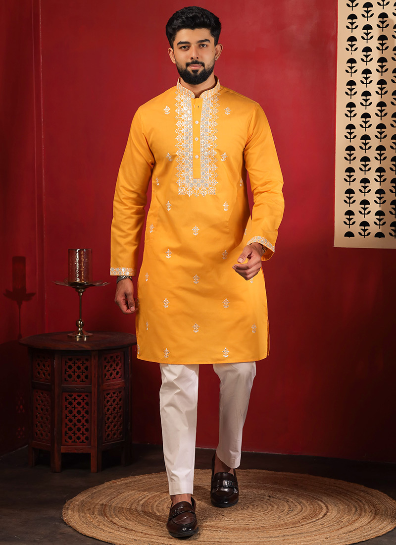 Yellow Cotton Embroidered Kurta Pyjama For Men Festive Wear