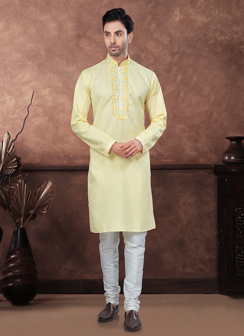 Yellow Cotton Embroidered Kurta Pyjama Festive Wear