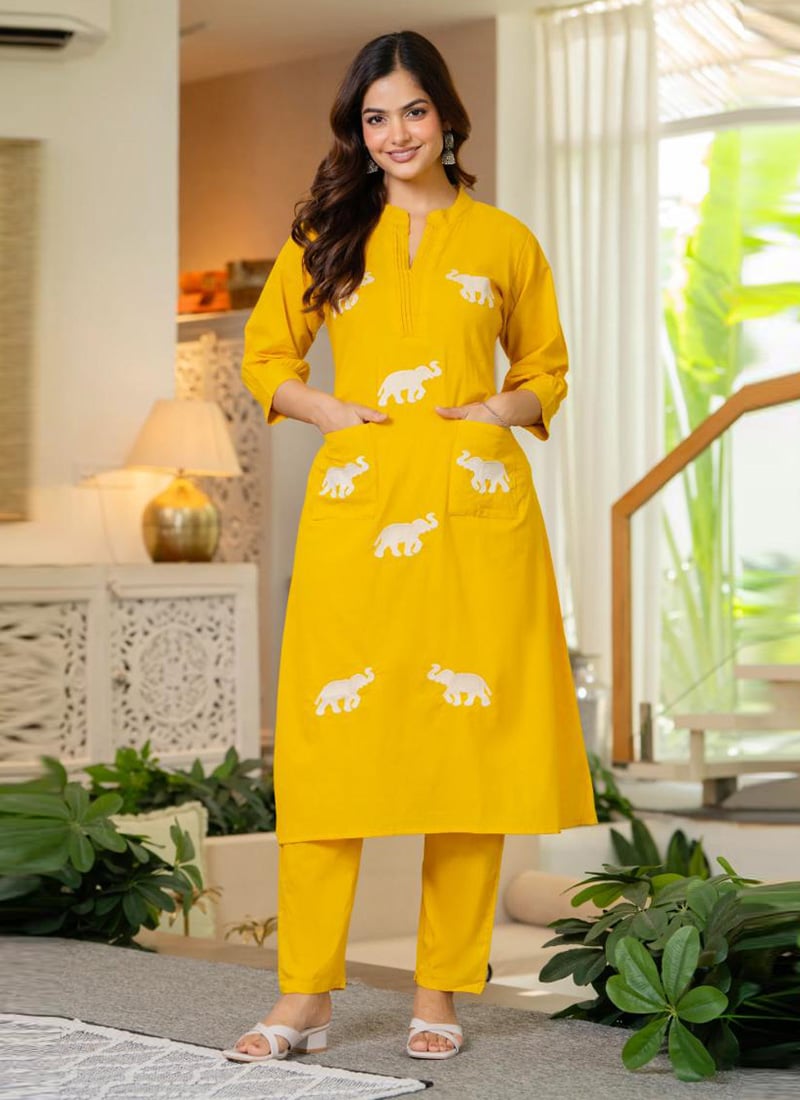 Yellow Cotton Embroidered Kurta Straight Pant Set After Six Wear