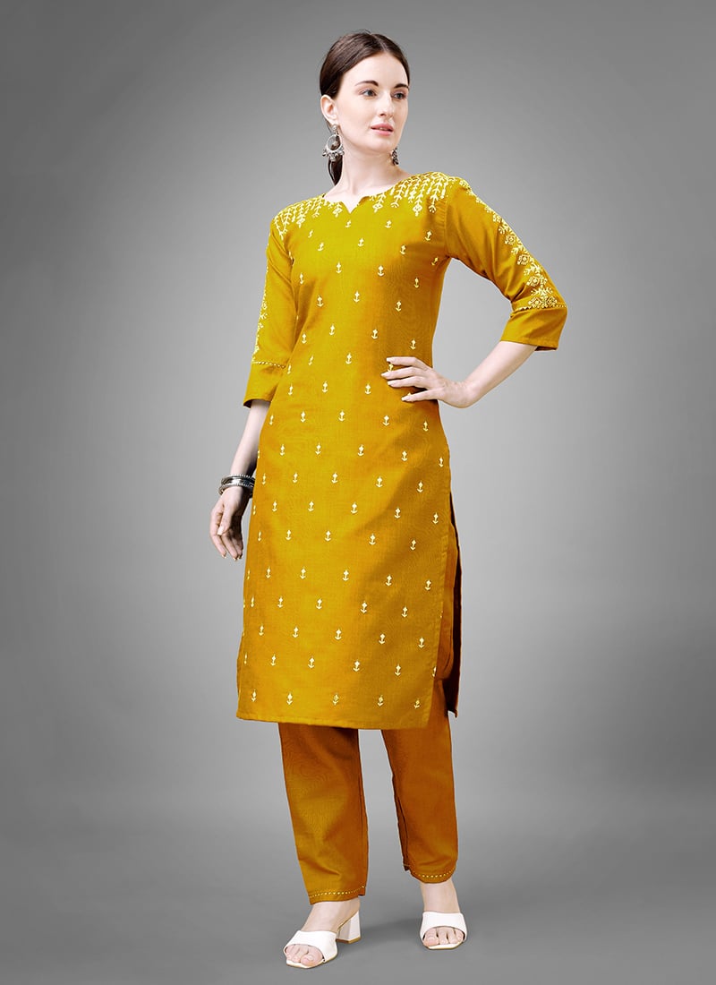 Winered Yellow Straight Pure Cotton Solid Kurta main image 1